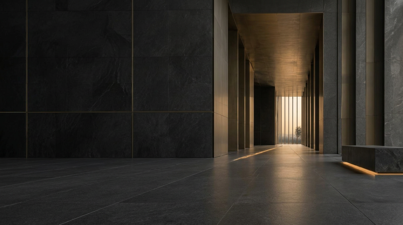Dark architectural corridor with a gold-lit path